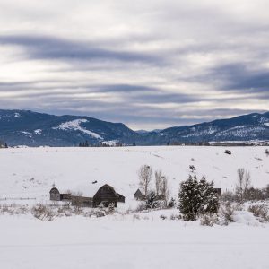 winter landscape of snow covered valley and the Bridger Mountains in Bozeman, MT